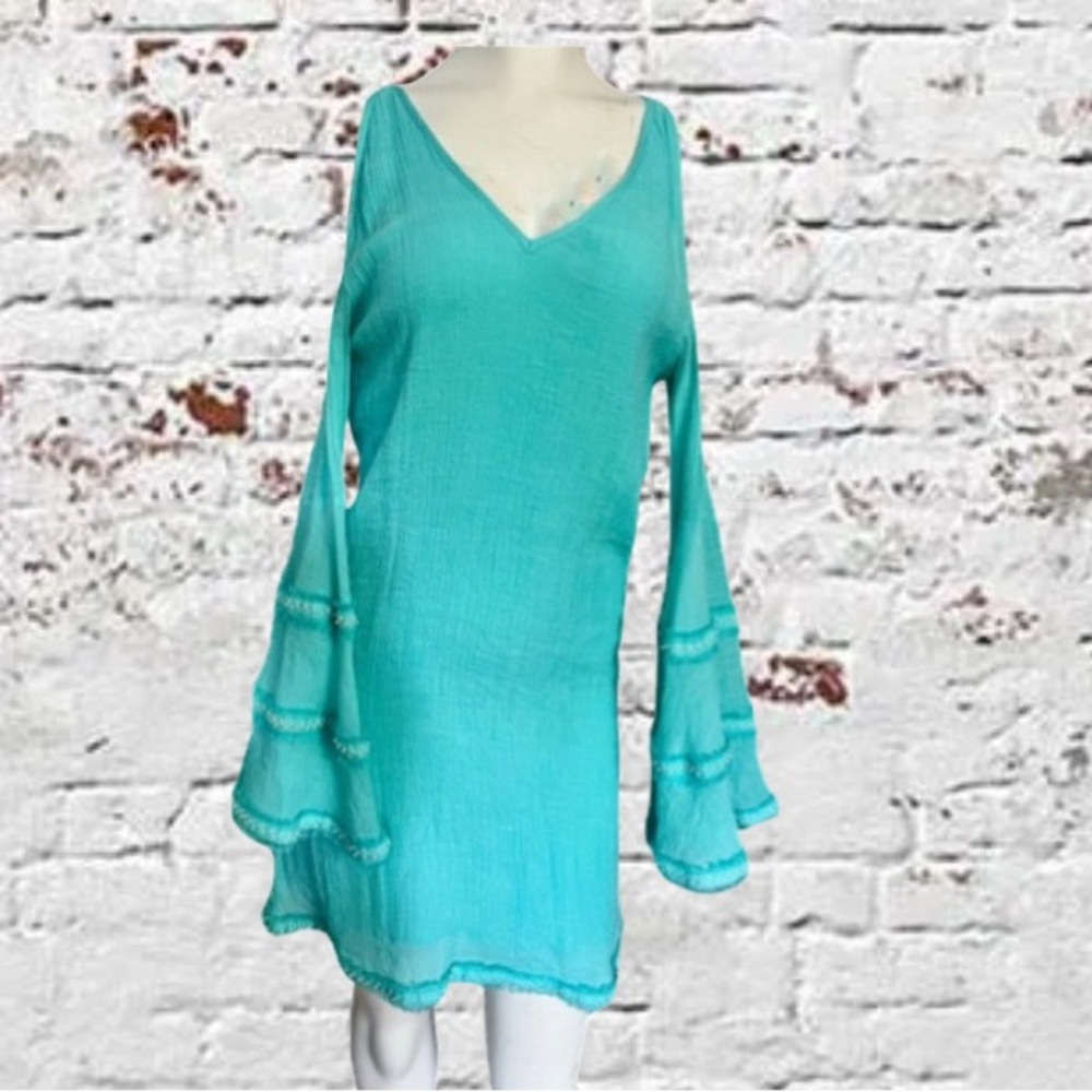 Union of Angels Silk Blend Cold Shoulder Mini Dress Aqua Beaded Bell Sleeve Boho